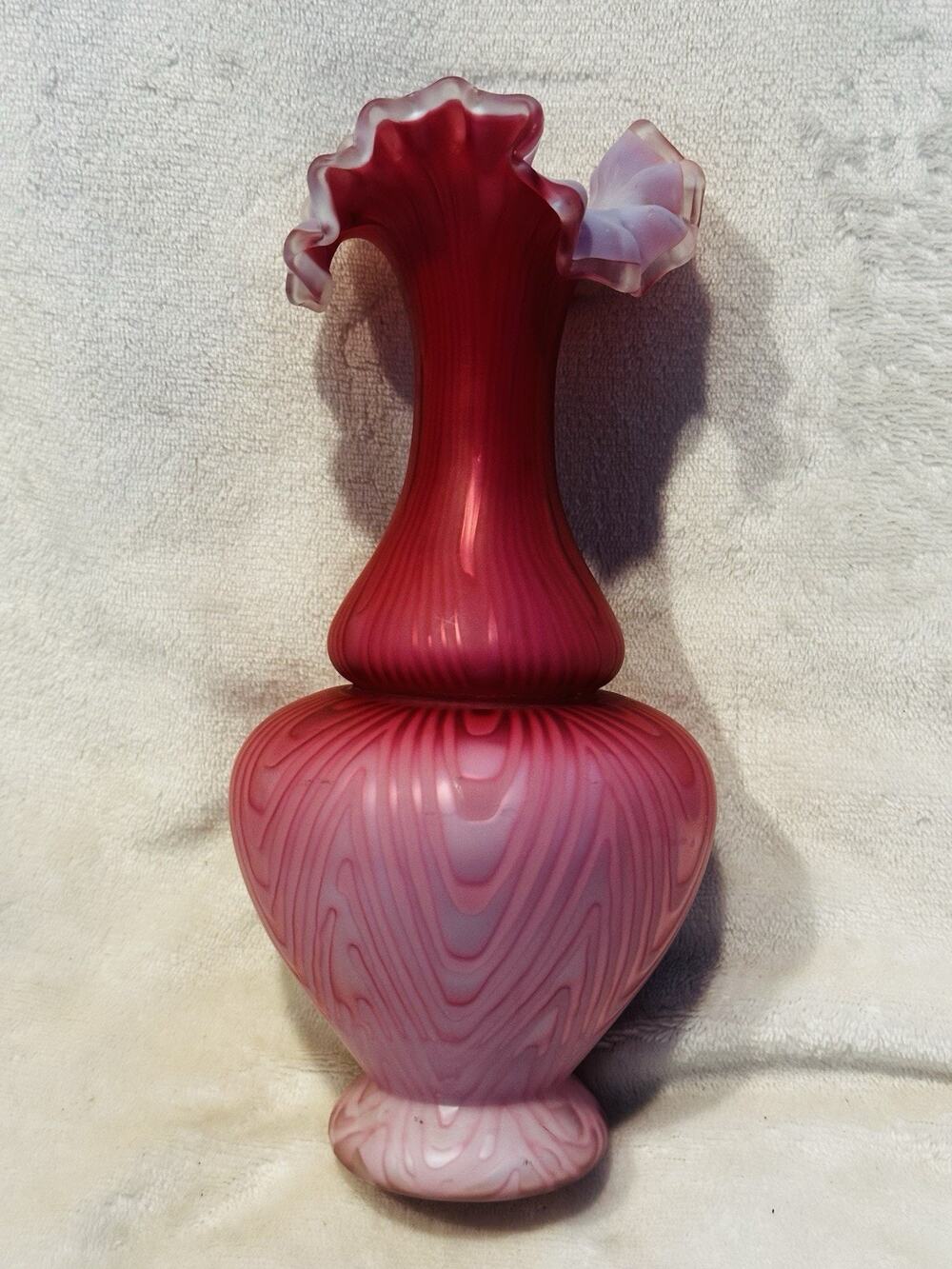 Victorian Diamond Quilted Pink Satin Glass Ruffled Top Vase Cased Hand Blown 9”